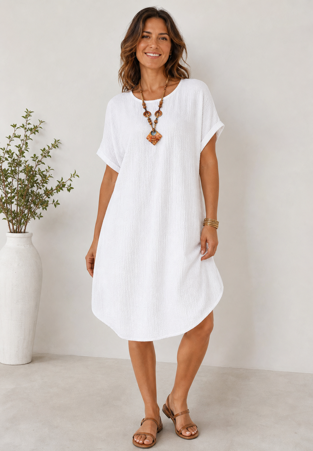 White women's loose cotton linen shift dress