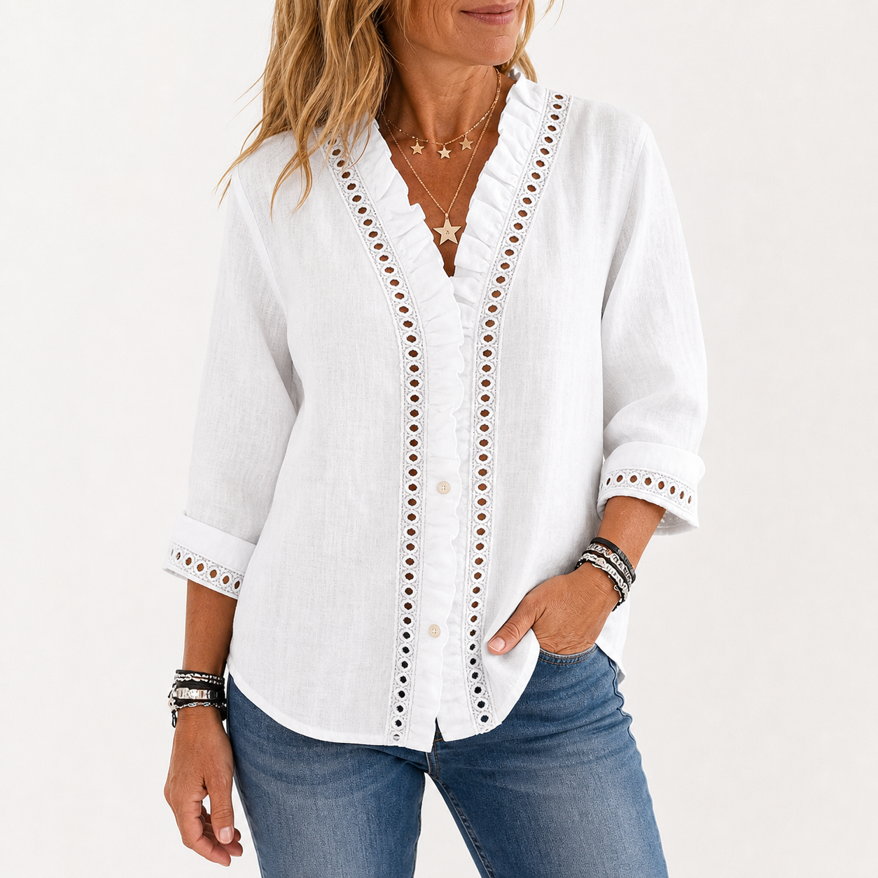 White women's linen lace ruffle V-neck blouse