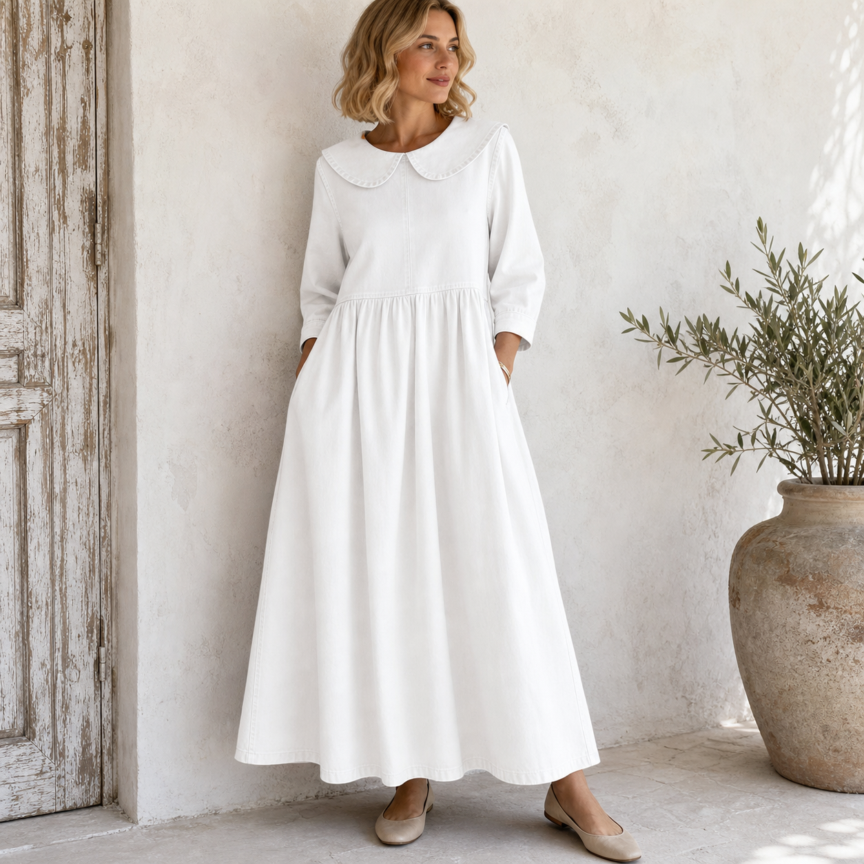 White women's Peter Pan collar denim maxi dress