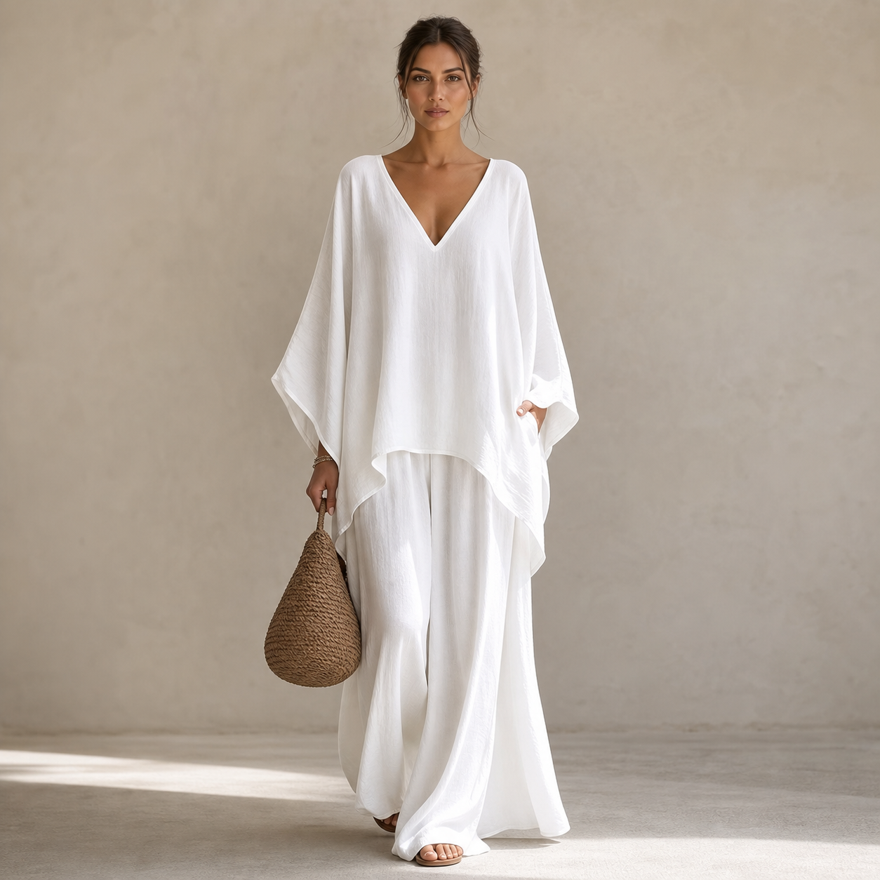 White women's loose V-neck two piece set