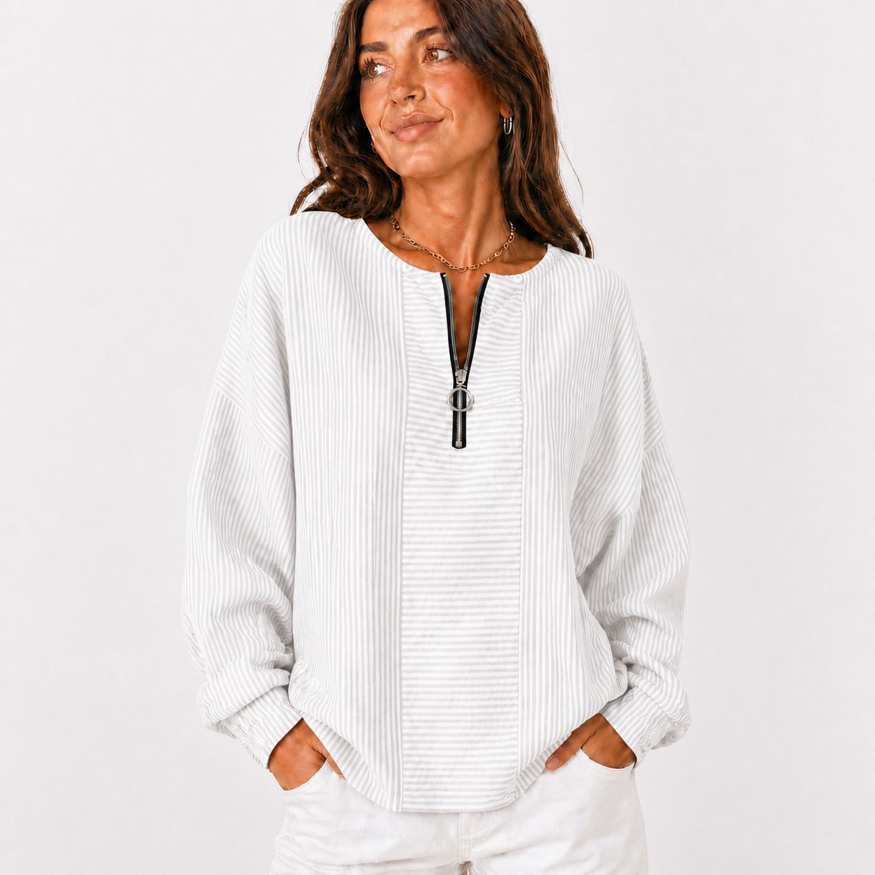 White Stripe women's striped zip-neck pullover