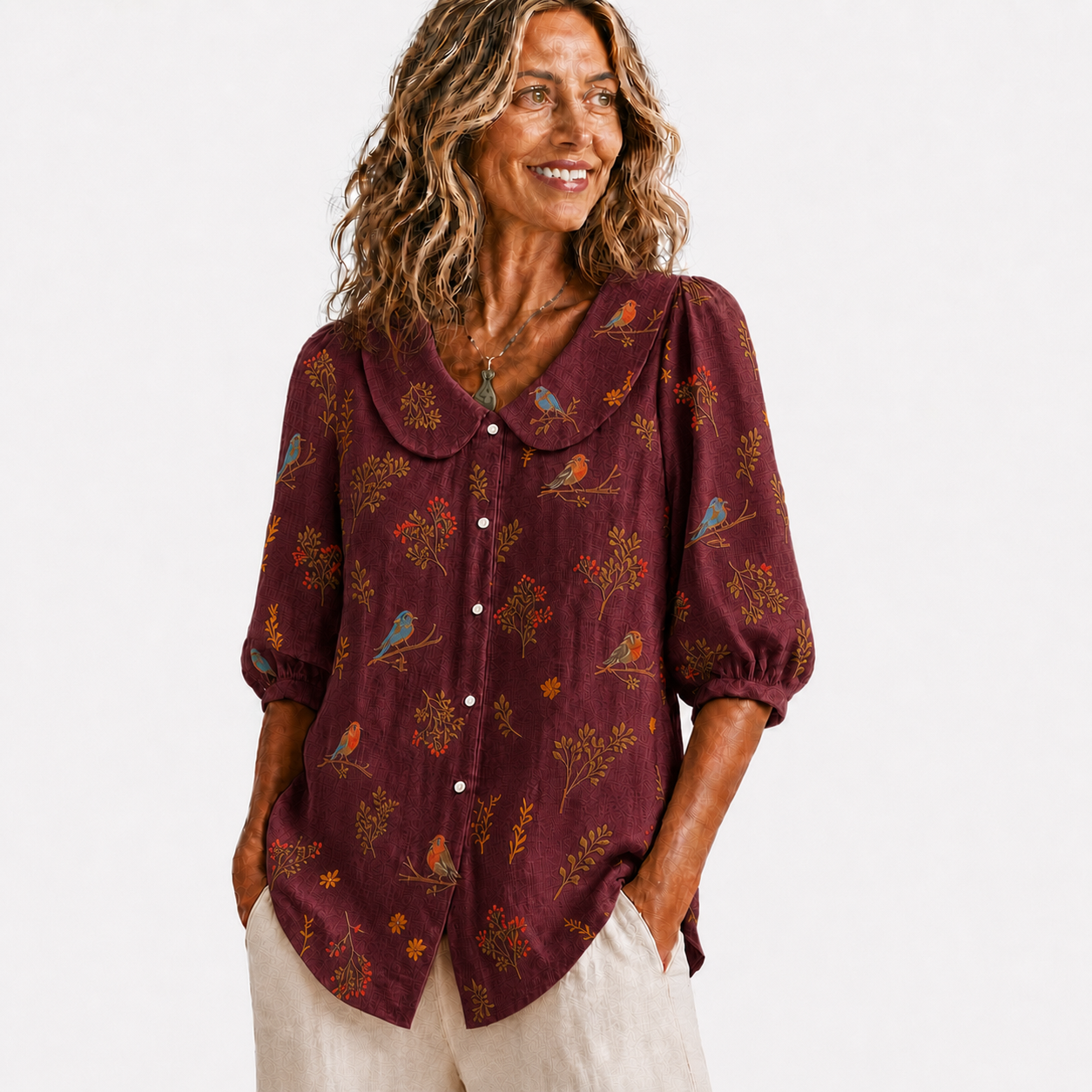 Wine women's bird botanical collar blouse