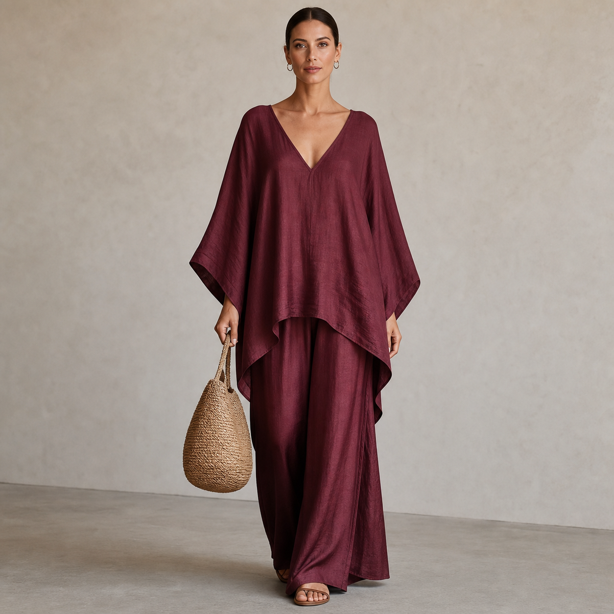 Wine Red women's loose V-neck two piece set