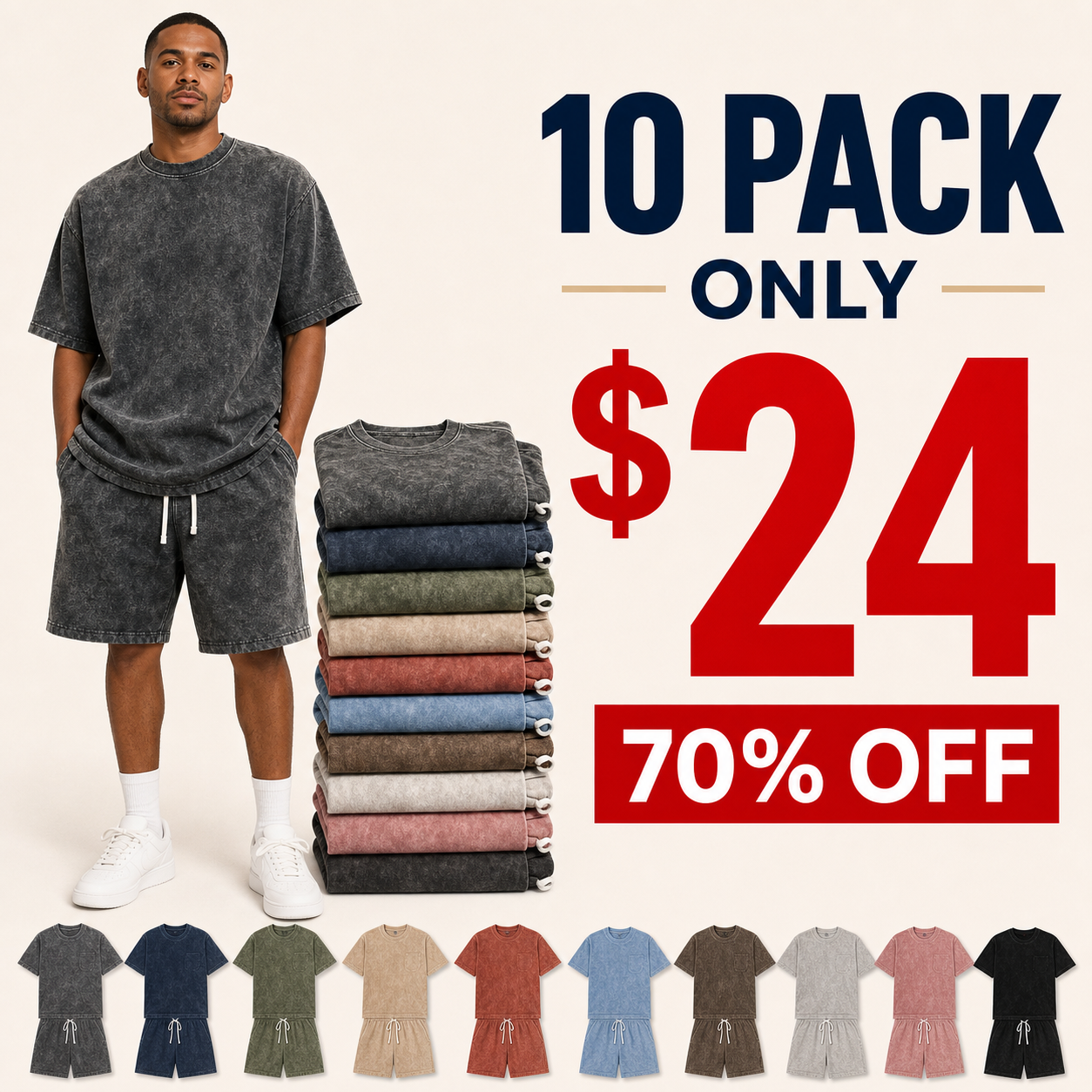10 pack only 24 dollars men's washed tee and shorts set