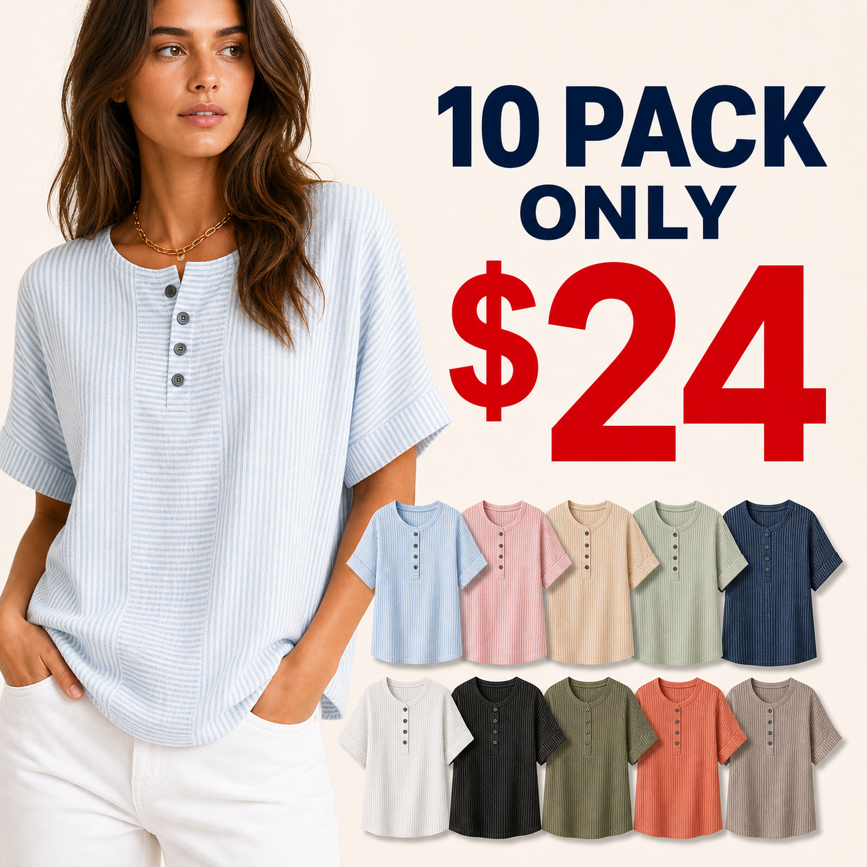 10 pack only 24 dollars women's striped button henley top
