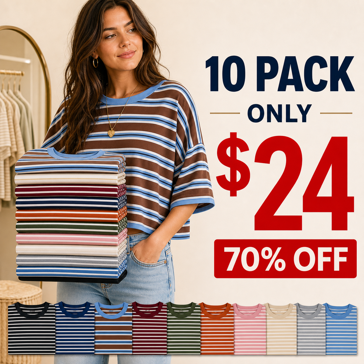 10 pack only 24 dollars women's striped oversized boxy tee
