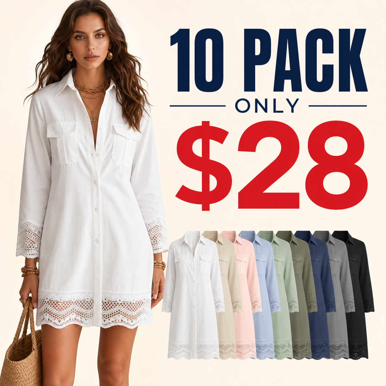 10 pack only 28 dollars women's lace trim button shirt dress