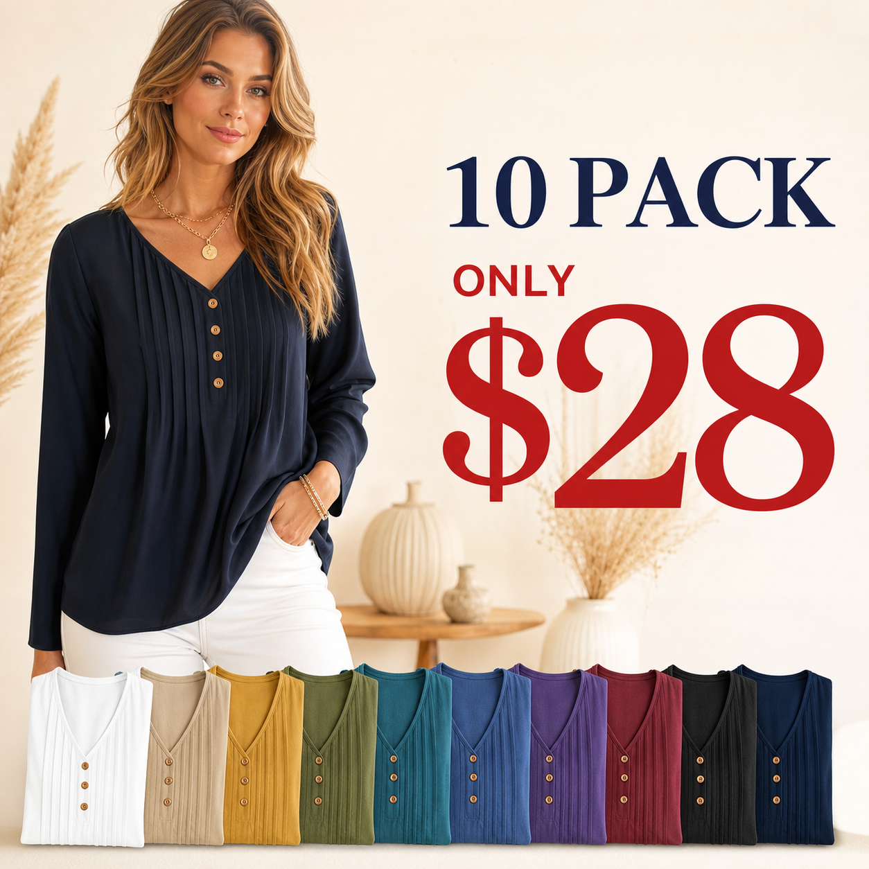 10 pack only 28 dollars women's v-neck pleated button blouse