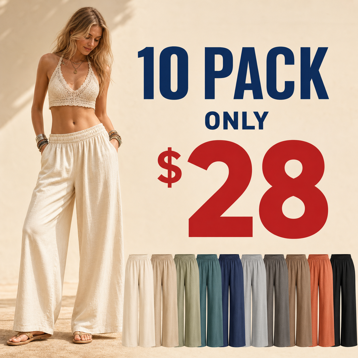 10 pack only 28 dollars women's cotton linen wide leg pants