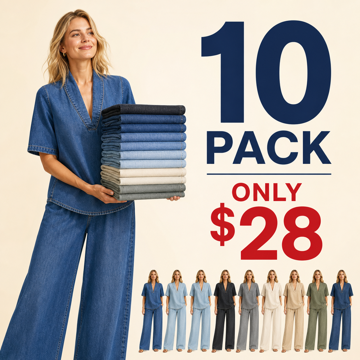 10 pack only 28 dollars women's denim V-neck wide-leg two-piece set