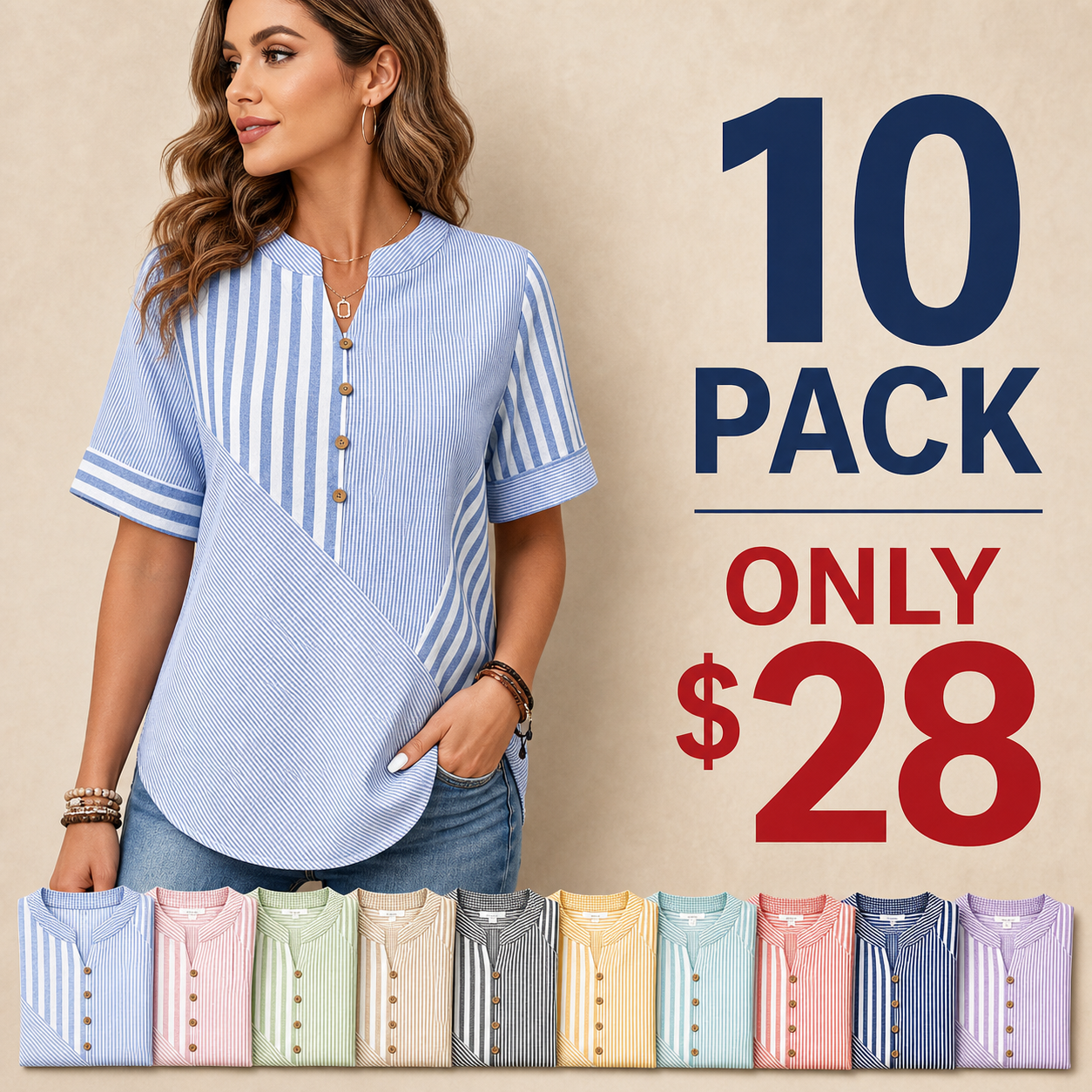 10 pack only 28 dollars women's striped patchwork button blouse
