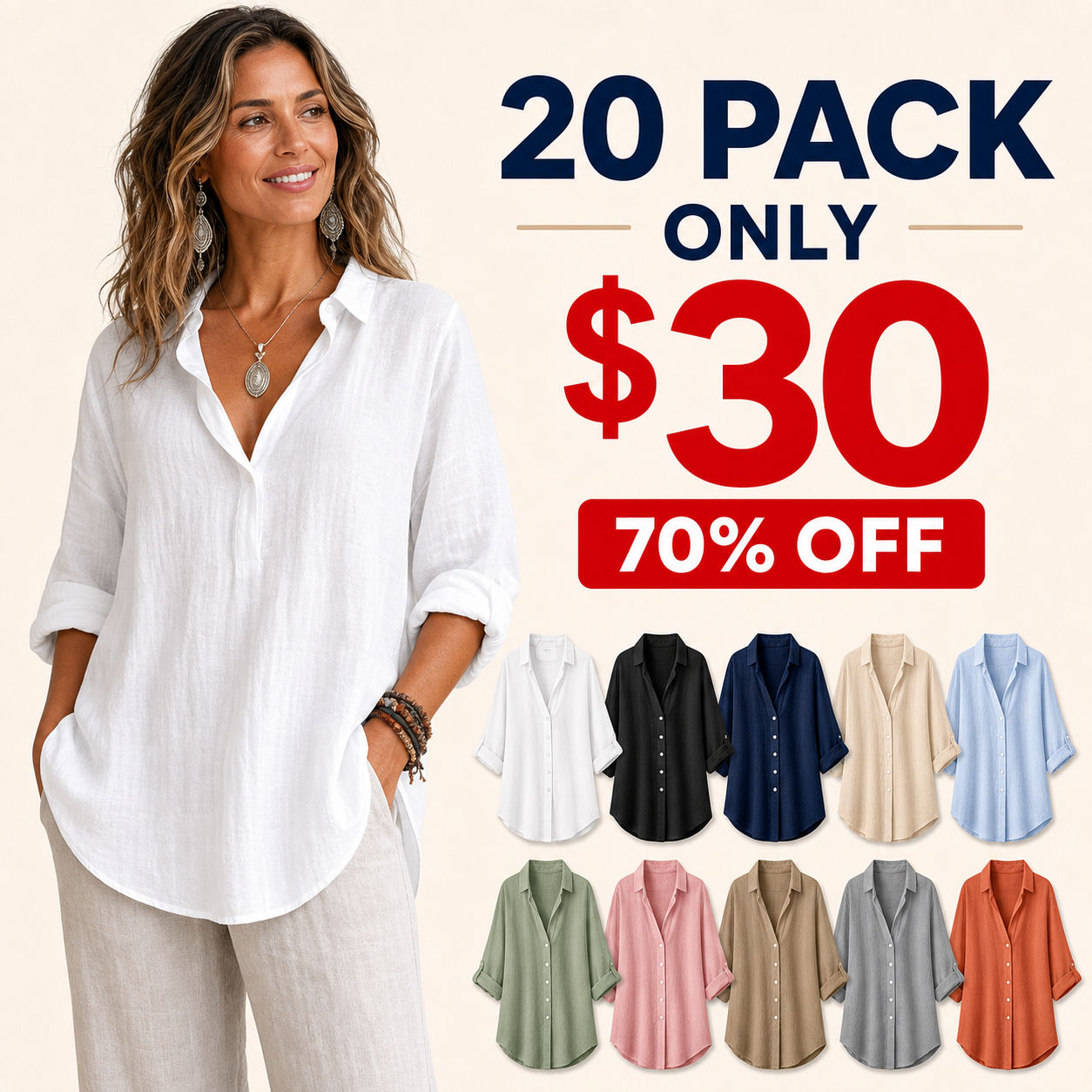 20 pack only 30 dollars women's linen roll-sleeve tunic shirt