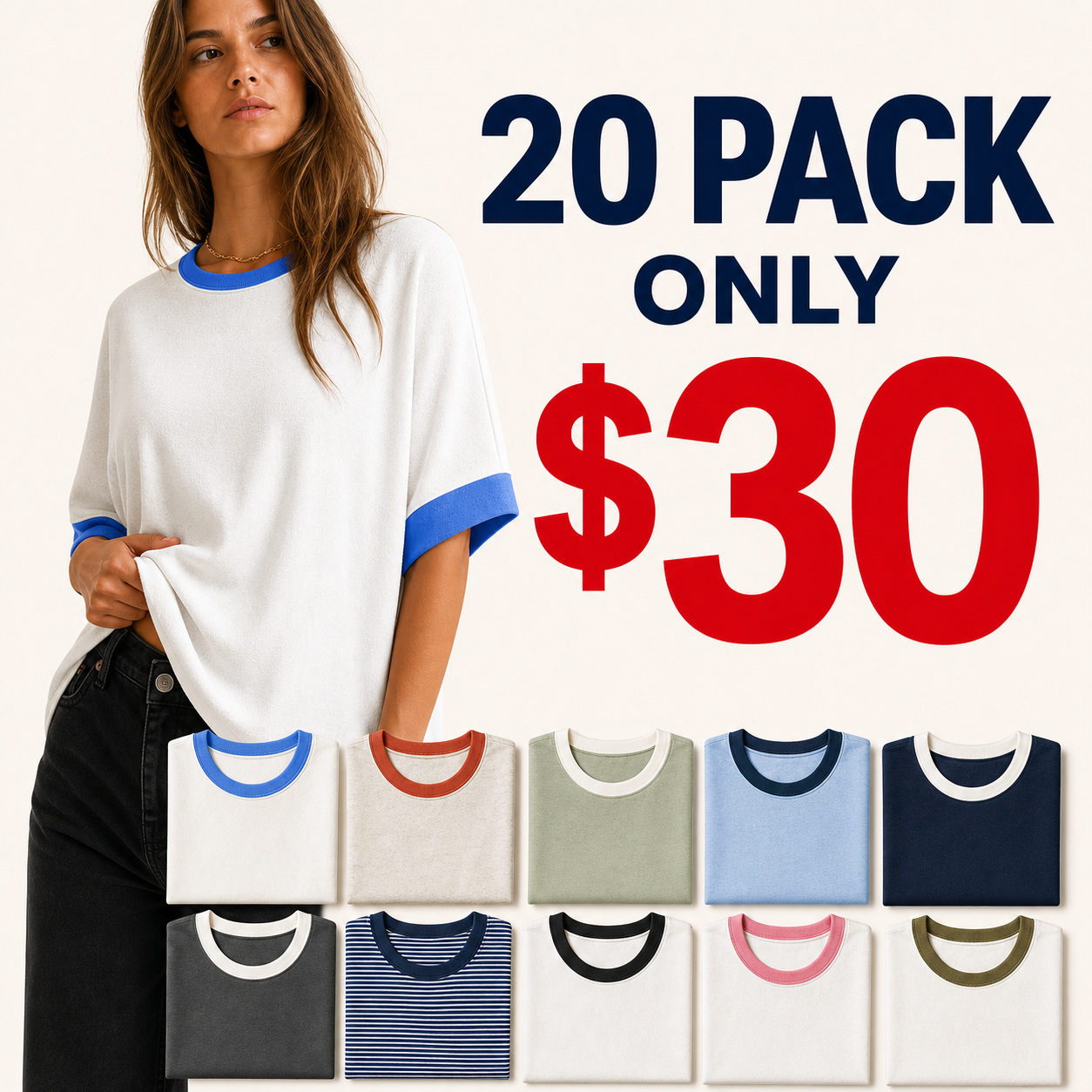 20 pack only 30 dollars women's contrast-trim relaxed tee