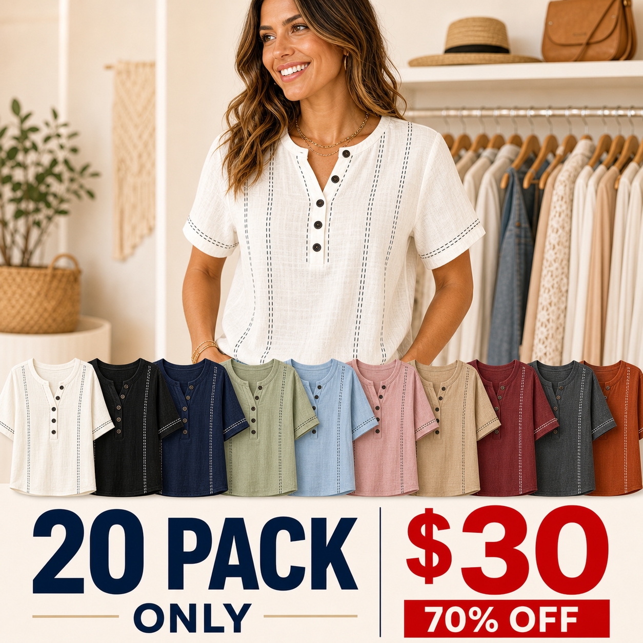 20 pack only 30 dollars women's contrast stitch Henley top