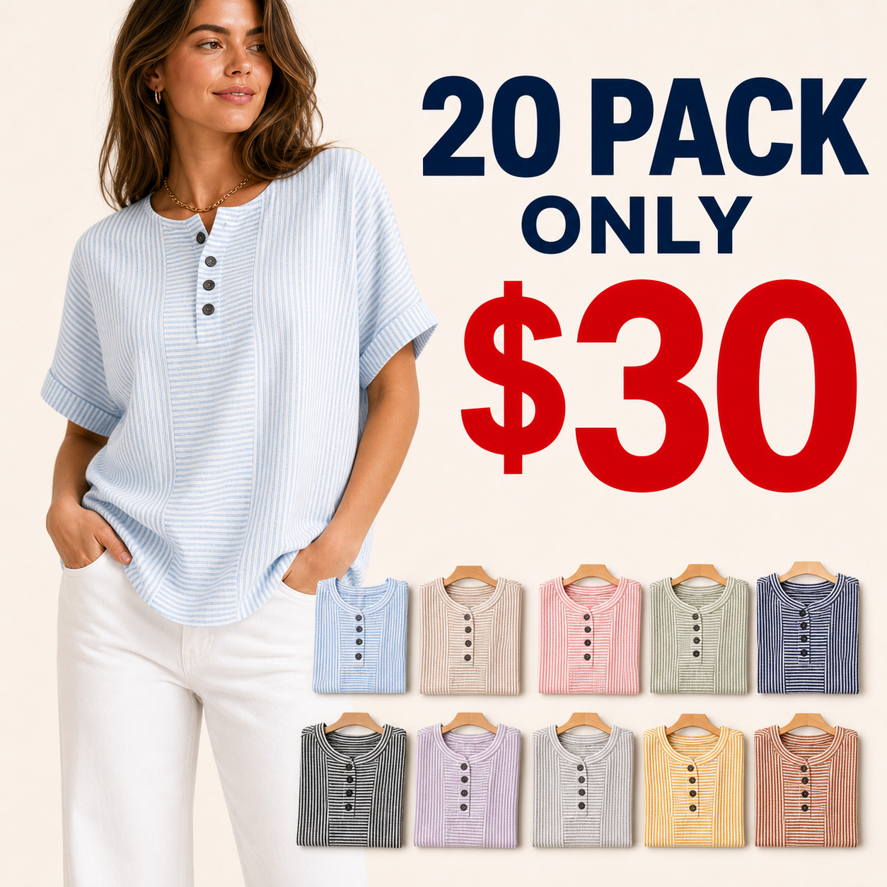 20 pack only 30 dollars women's striped button henley top