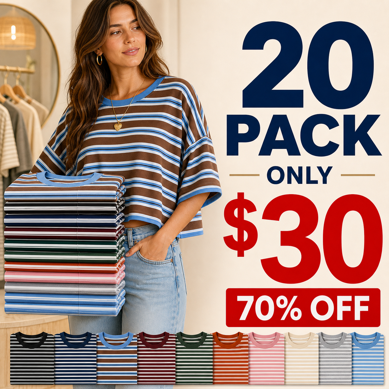 20 pack only 30 dollars women's striped oversized boxy tee