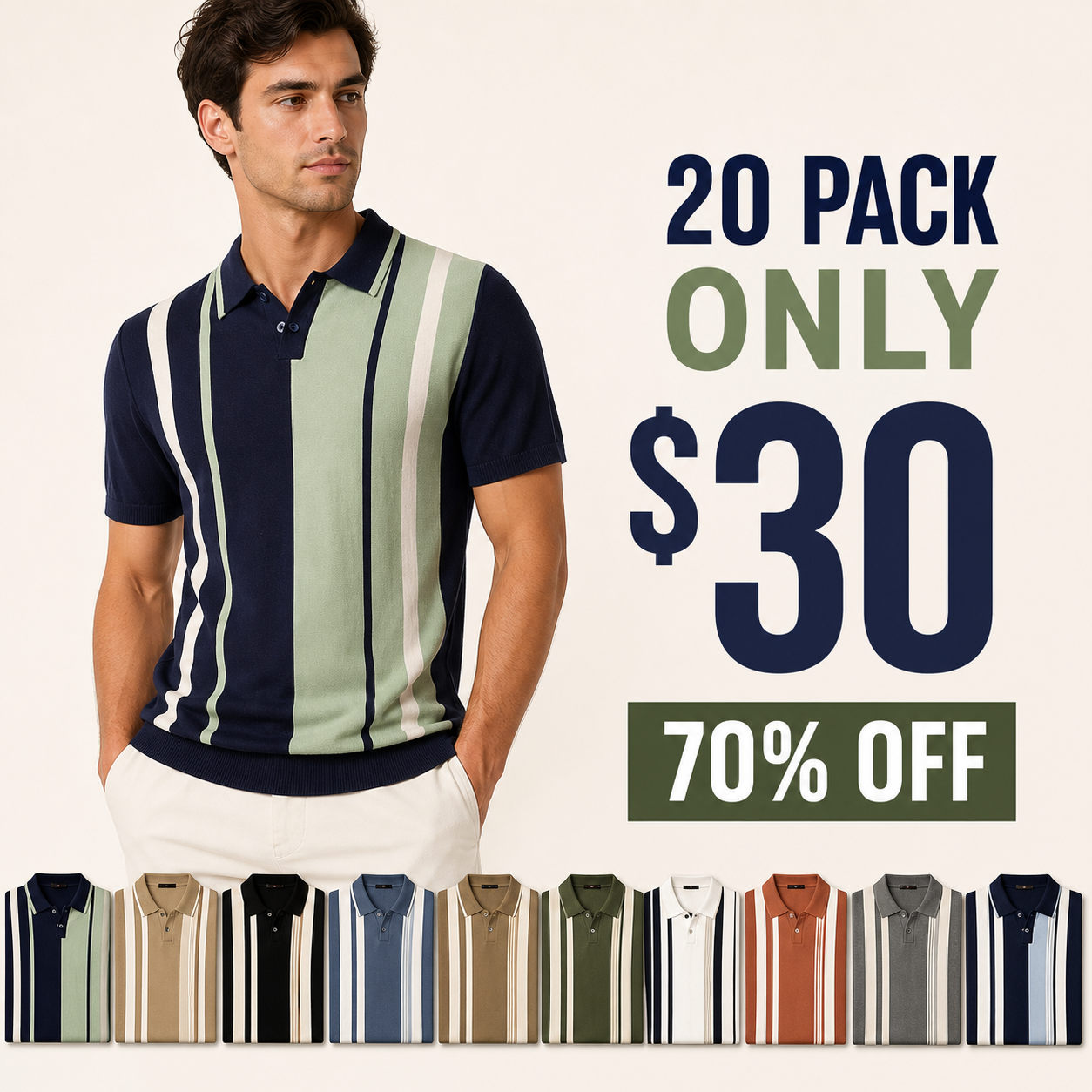 20 pack only 30 dollars Men's Vertical Stripe Knit Polo Shirt