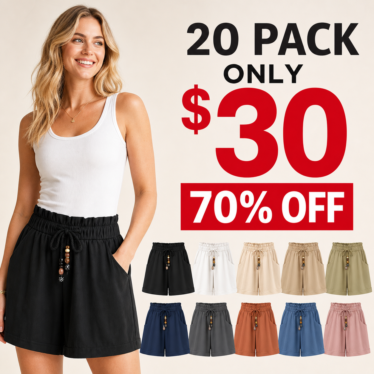 20 pack only 30 dollars women's beaded drawstring wide-leg shorts
