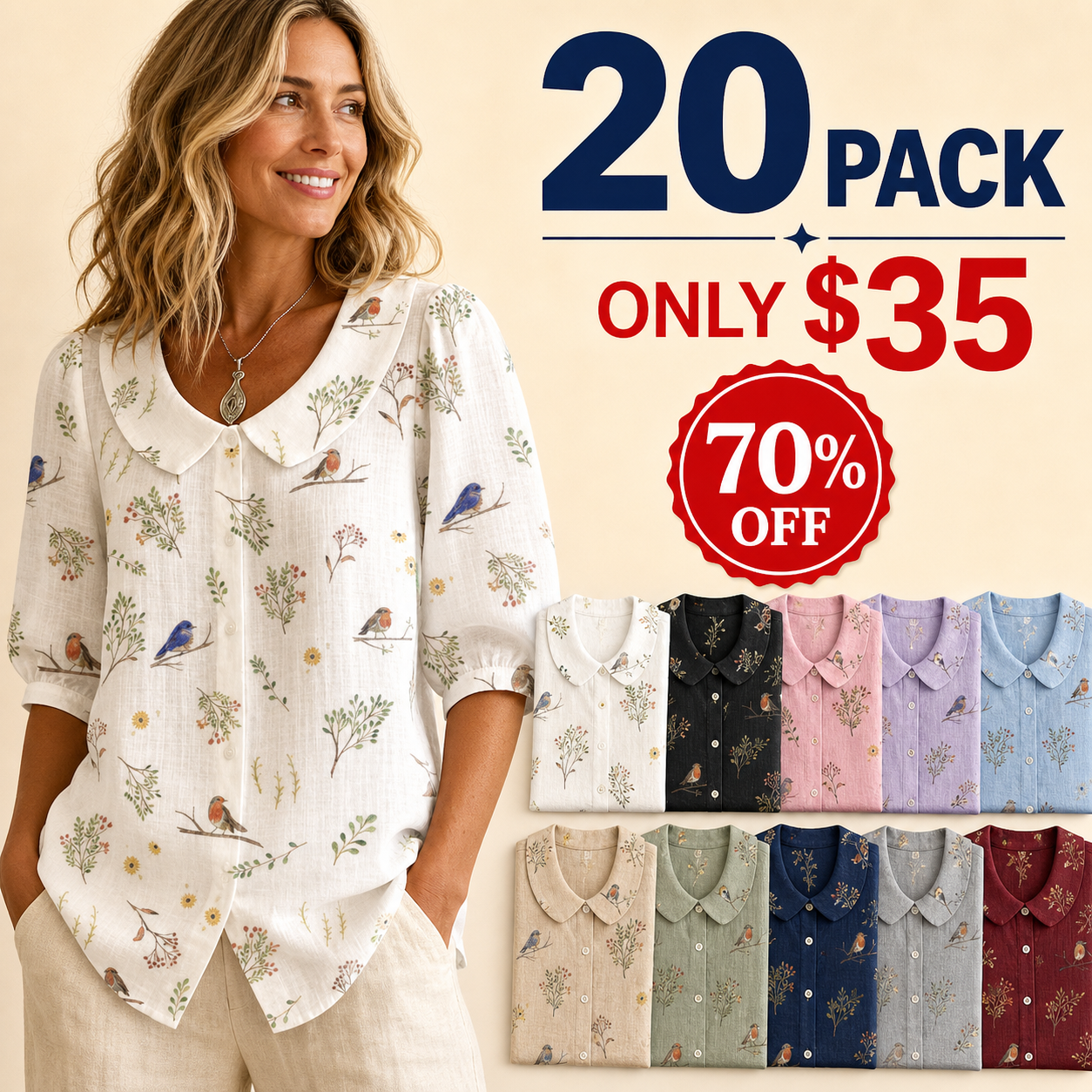 20 pack only 35 dollars women's bird botanical collar blouse