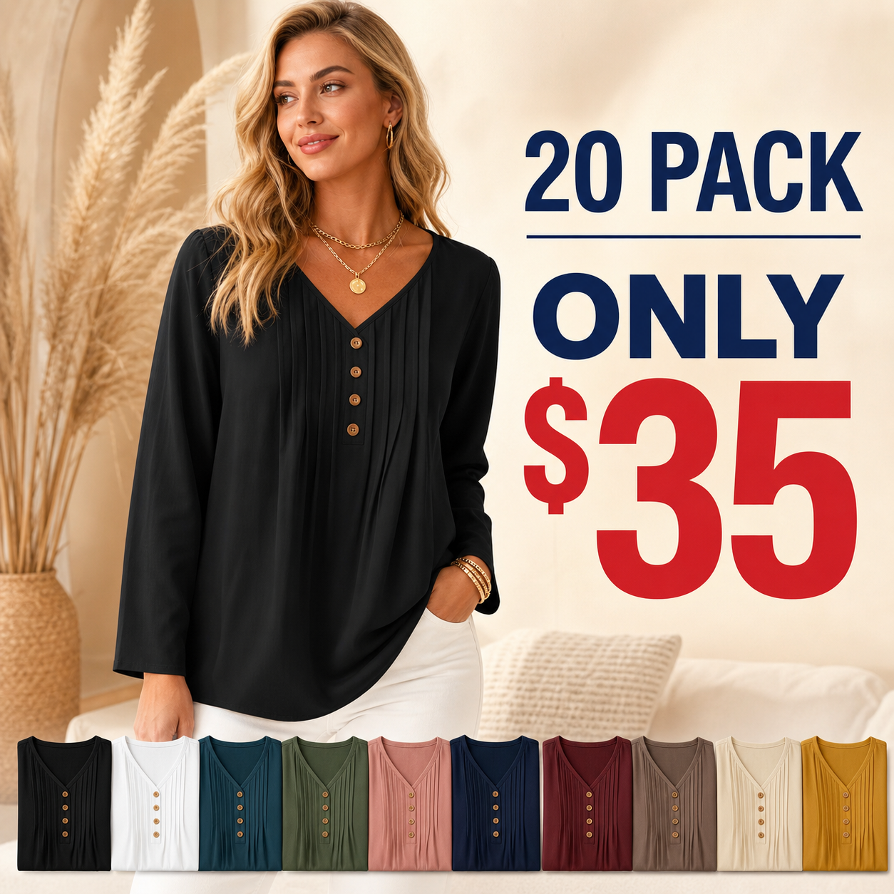 20 pack only 35 dollars women's v-neck pleated button blouse