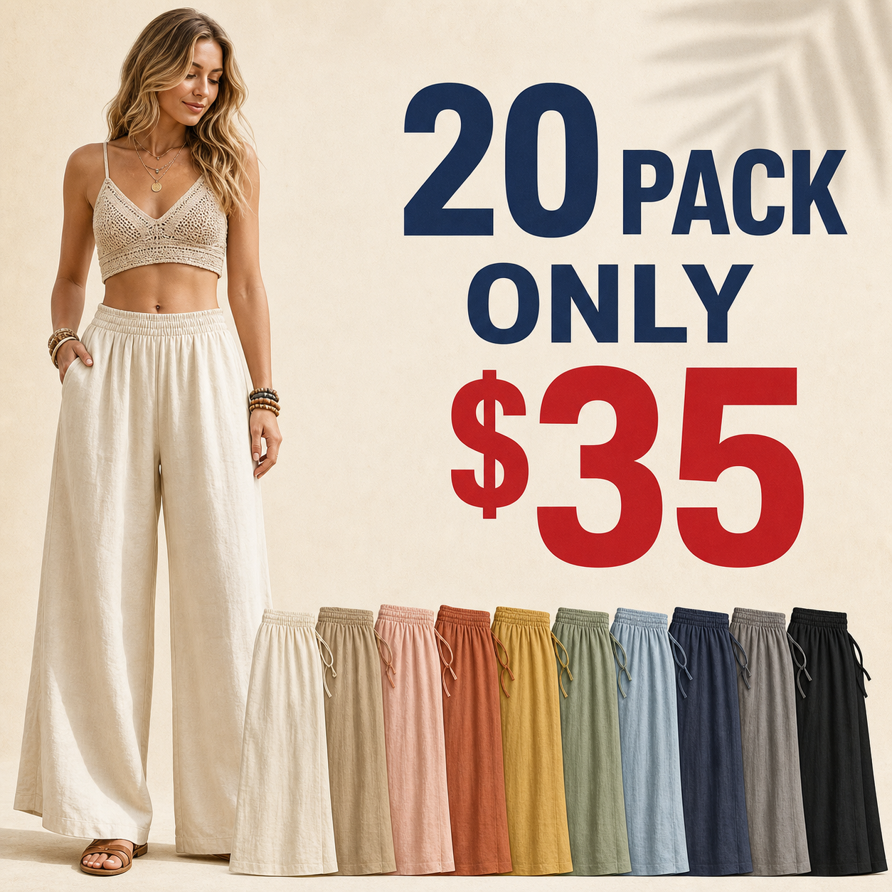 20 pack only 35 dollars women's cotton linen wide leg pants