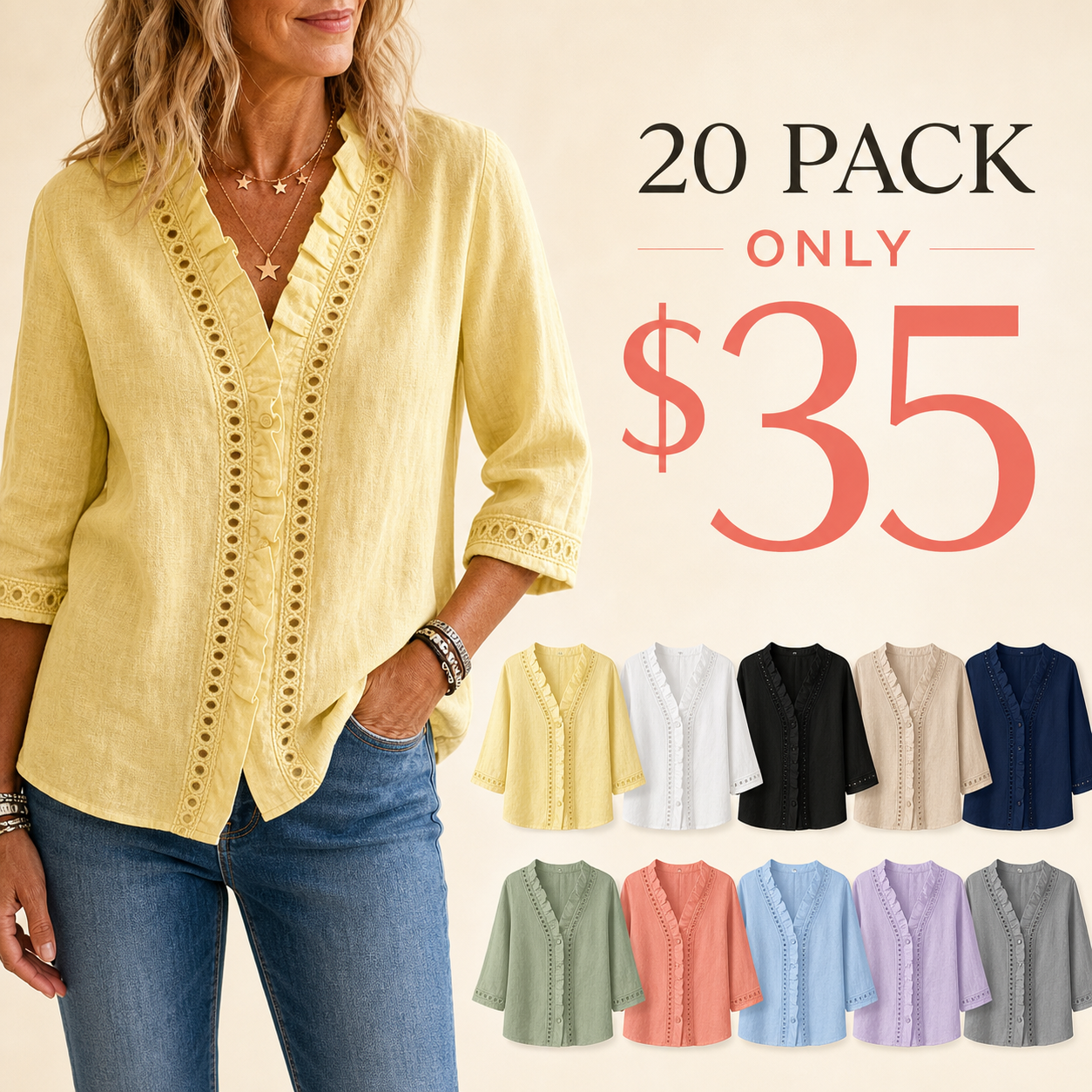 20 pack only 35 dollars women's linen lace ruffle V-neck blouse