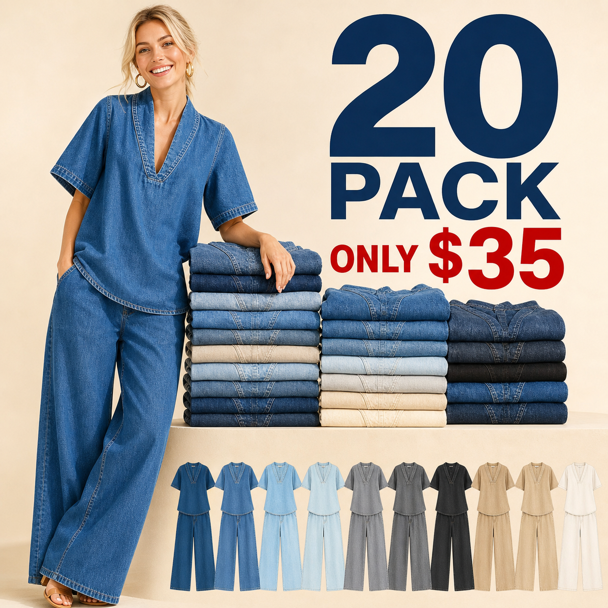 20 pack only 35 dollars women's denim V-neck wide-leg two-piece set