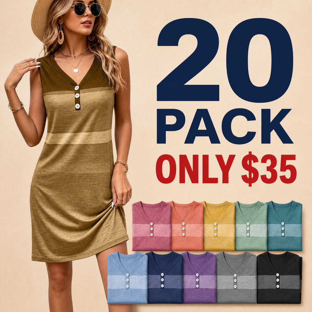 20 pack only 35 dollars women's sleeveless colorblock V-neck button dress