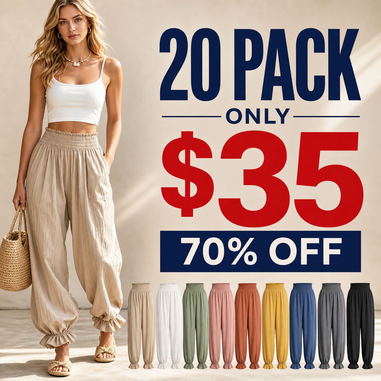 20 pack only 35 dollars women's smocked waist ruffle hem harem pants