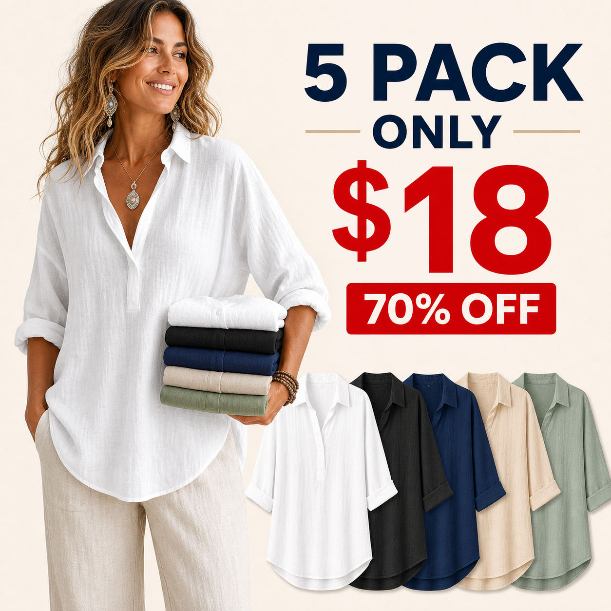 5 pack only 18 dollars women's linen roll-sleeve tunic shirt