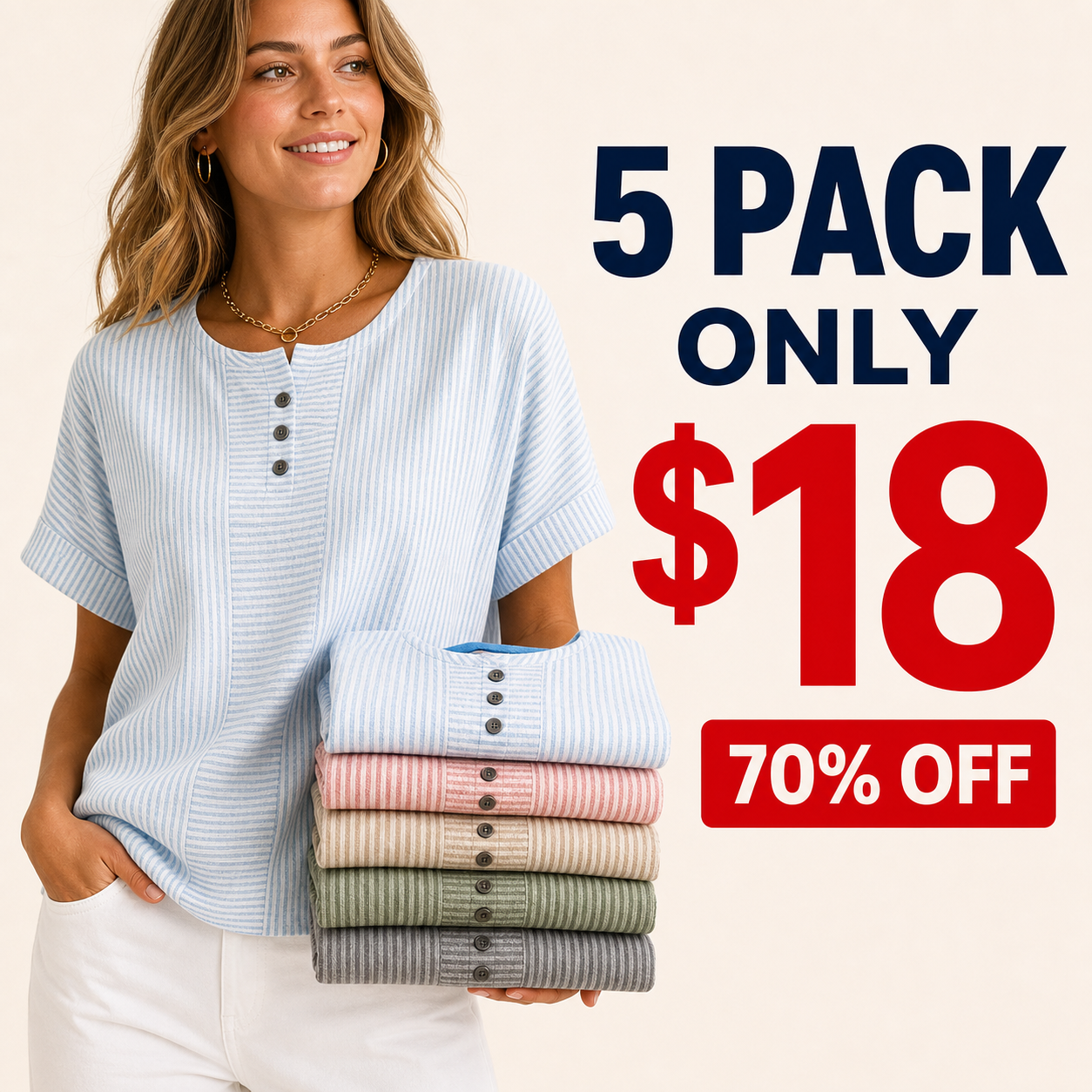 5 pack only 18 dollars women's striped button henley top