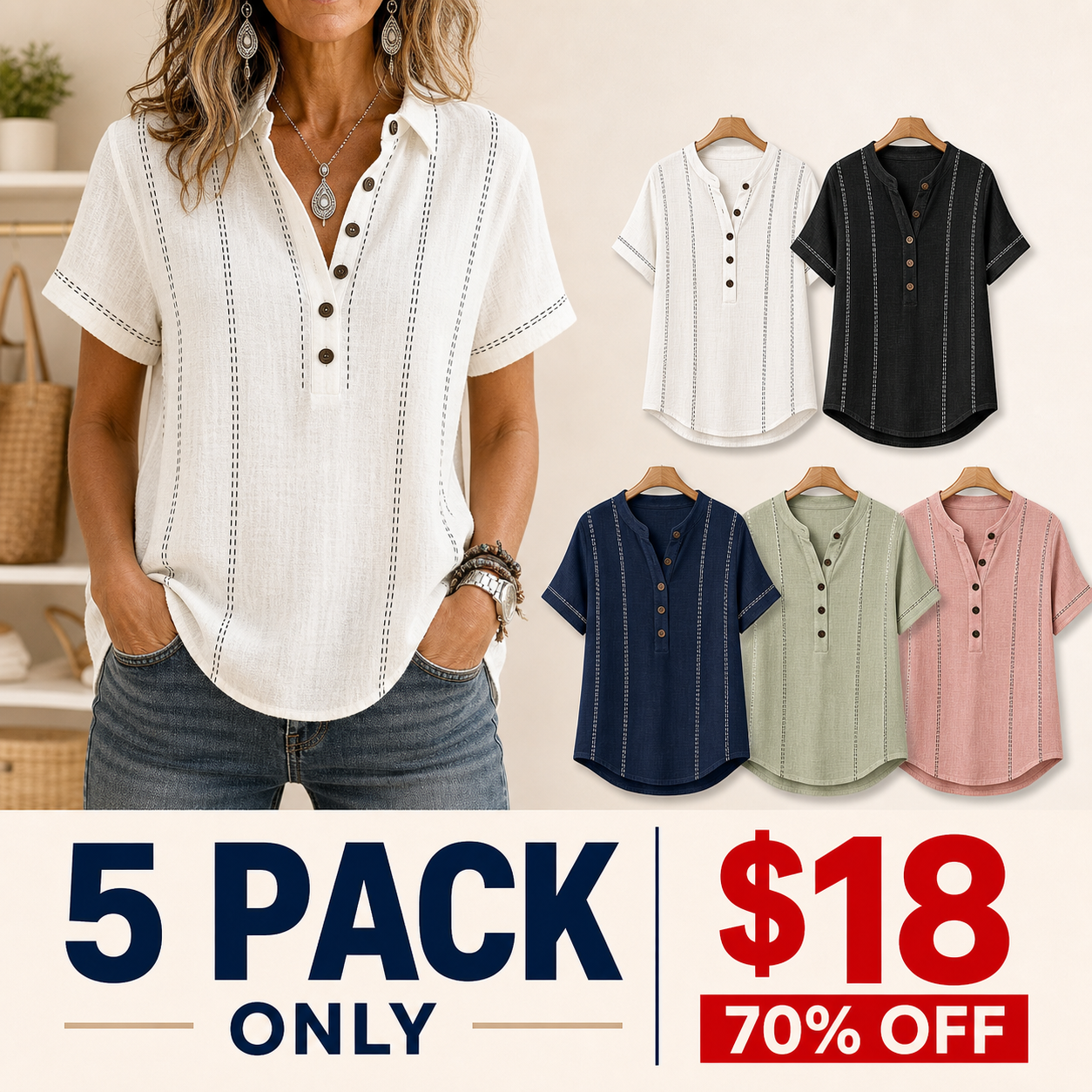 5 pack only 18 dollars women's contrast stitch Henley top