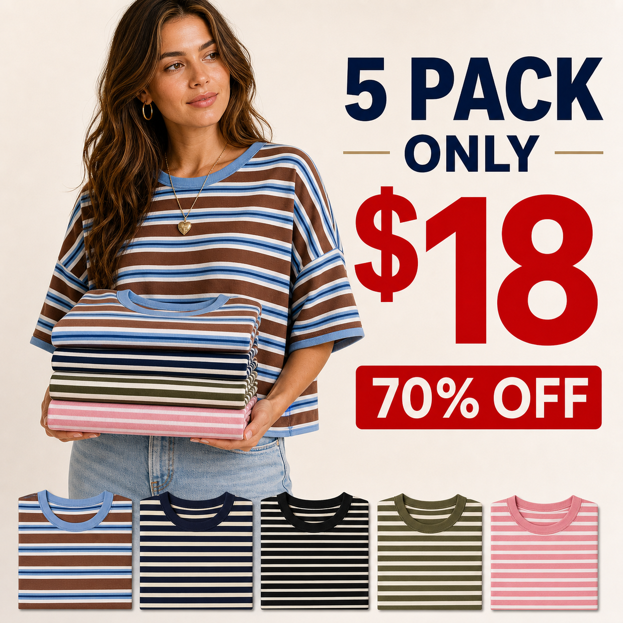 5 pack only 18 dollars women's striped oversized boxy tee