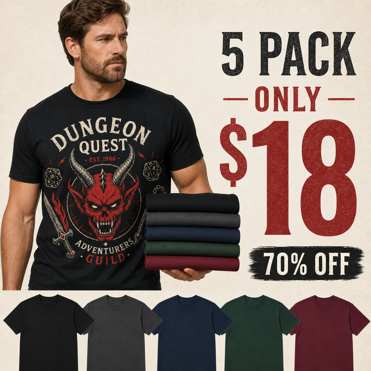 5 pack only 18 dollars men's dungeon quest graphic tee