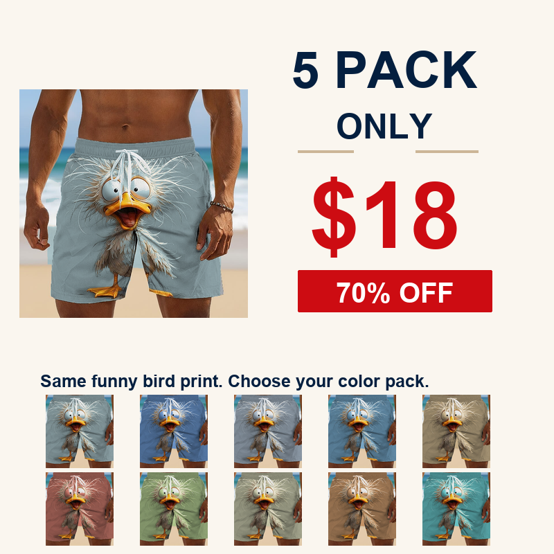 5 pack only 18 dollars men's novelty bird print beach shorts