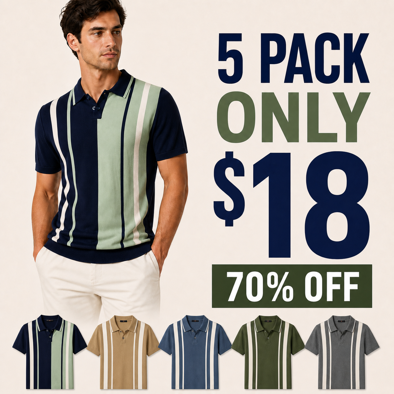 5 pack only 18 dollars Men's Vertical Stripe Knit Polo Shirt