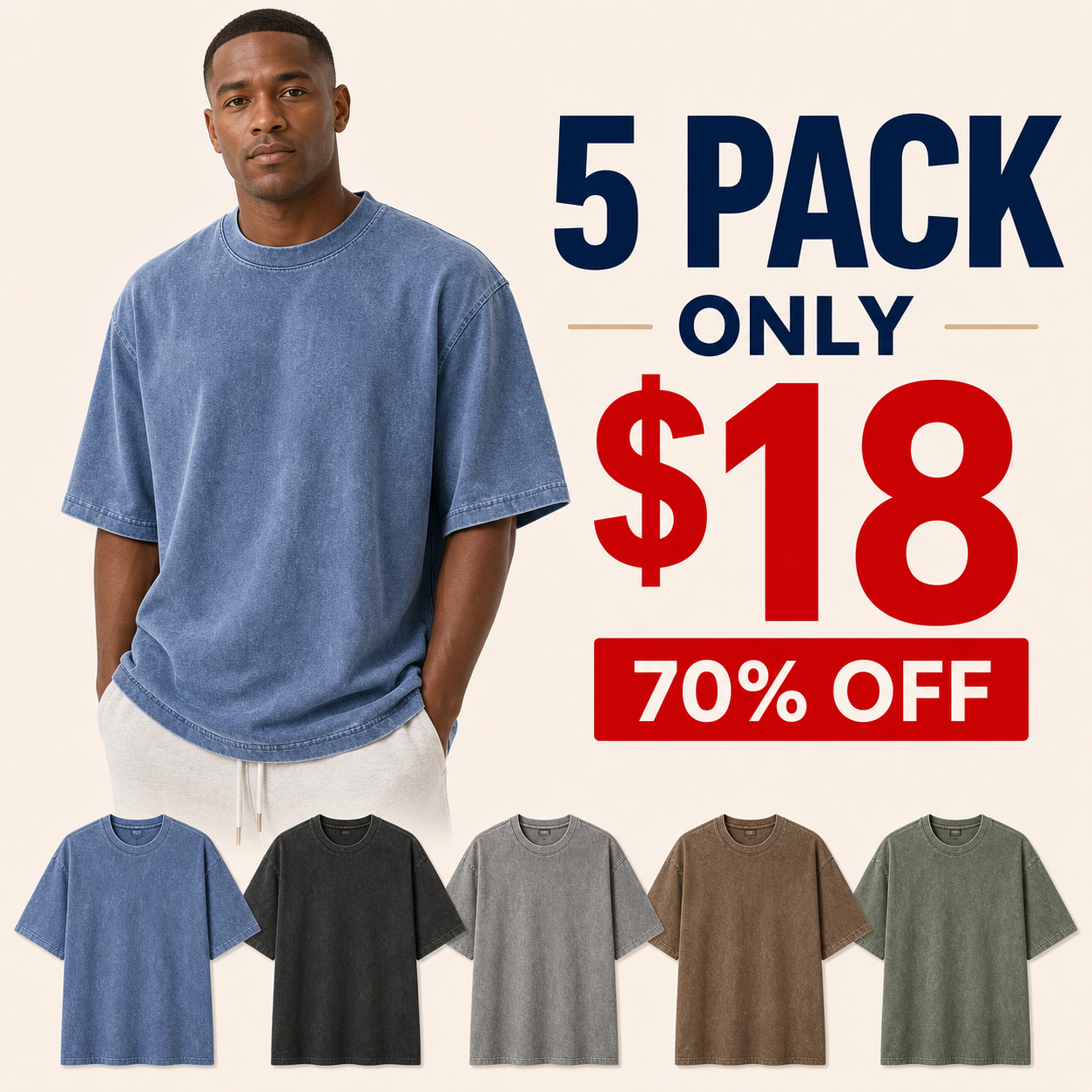 5 pack only 18 dollars men's oversized washed tee