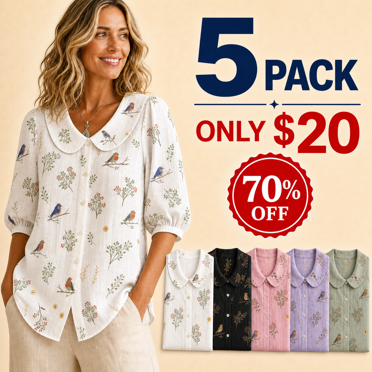 5 pack only 20 dollars women's bird botanical collar blouse
