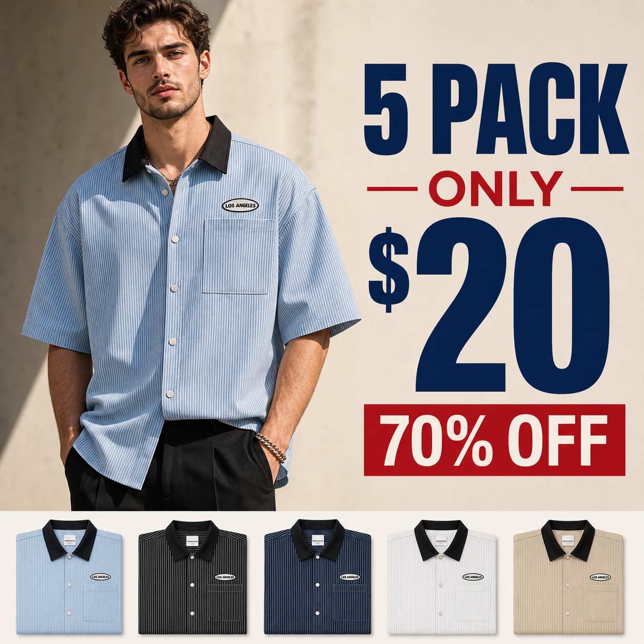 5 pack only 20 dollars men's striped button shirt