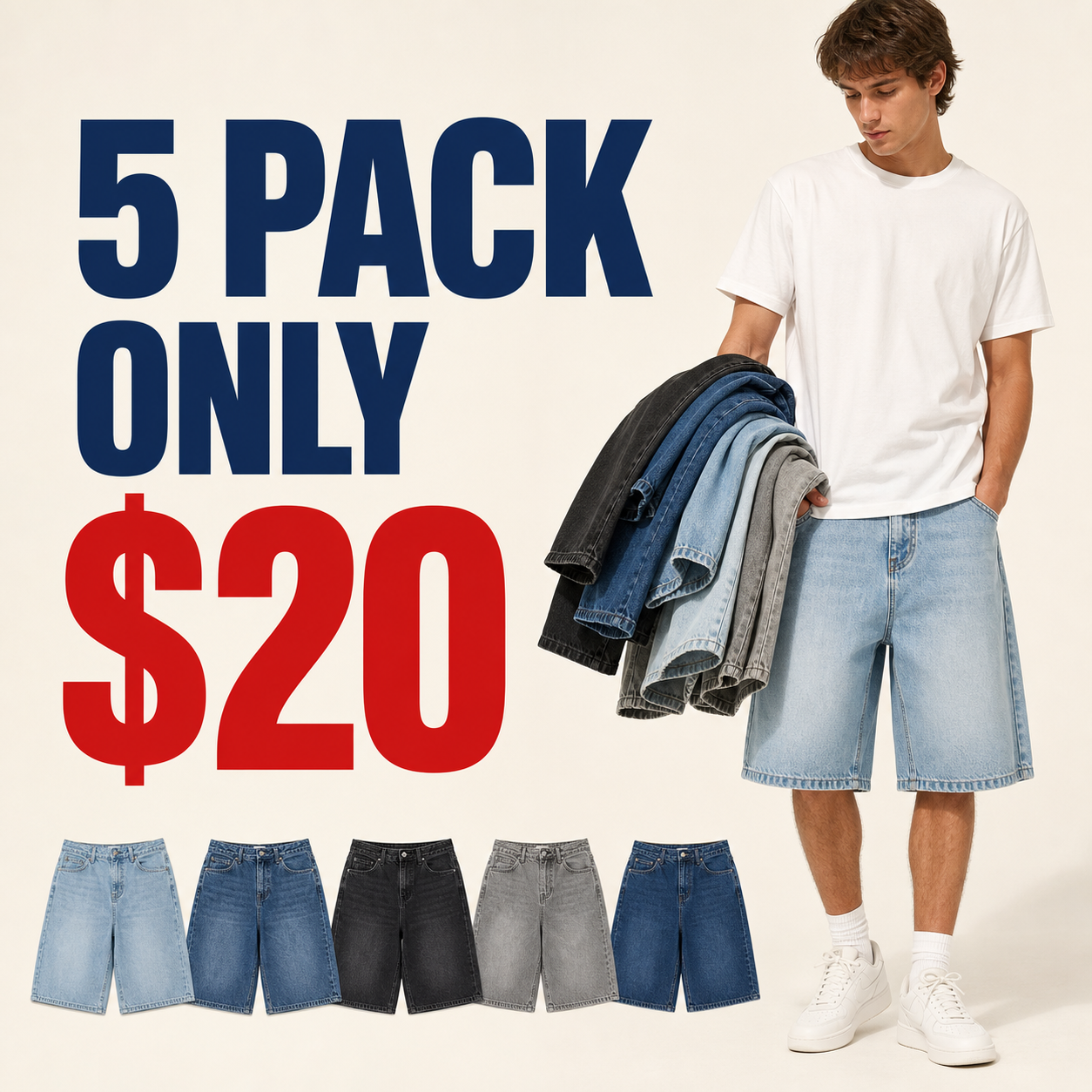 5 pack only 20 dollars men's baggy denim shorts