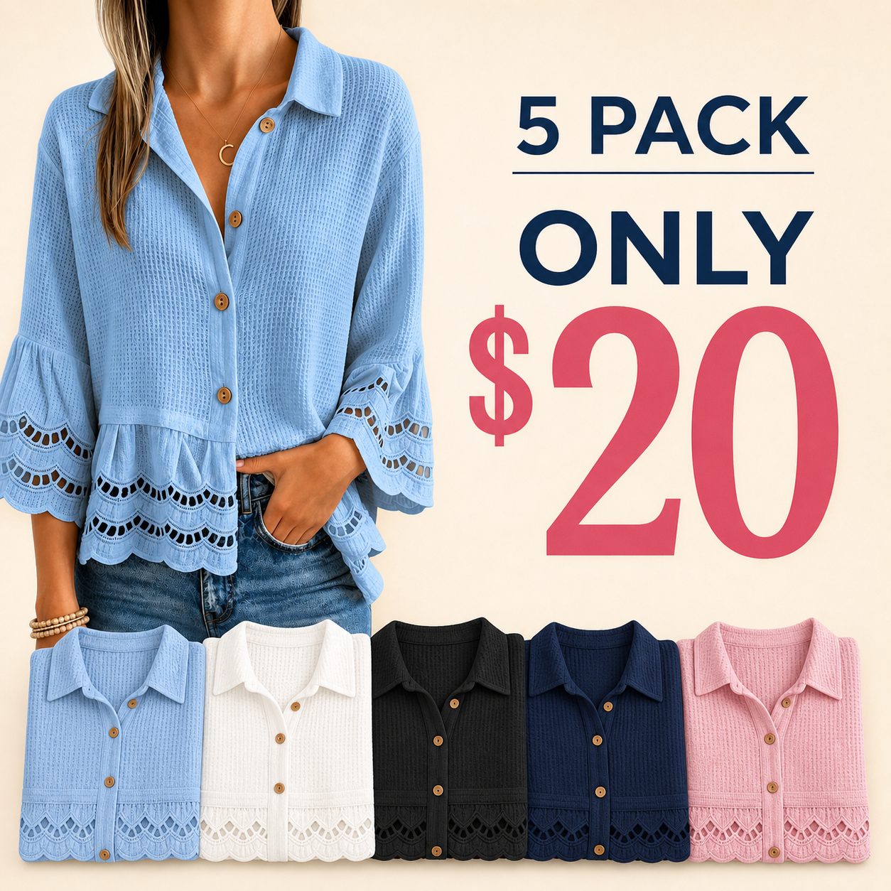 5 pack only 20 dollars women's lace trim button blouse
