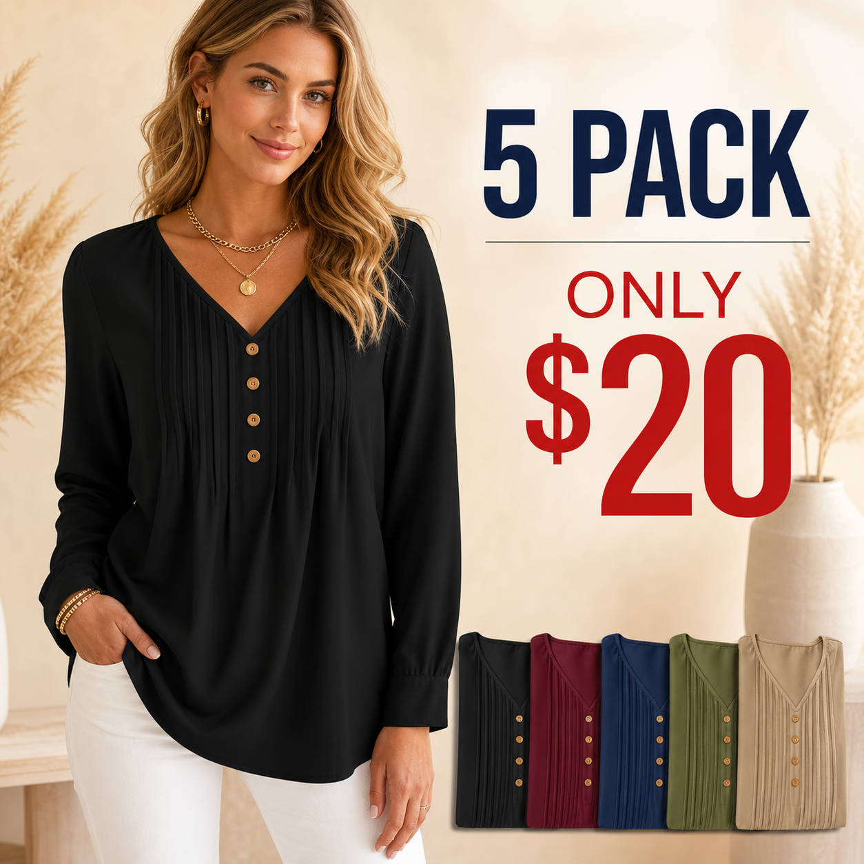 5 pack only 20 dollars women's v-neck pleated button blouse