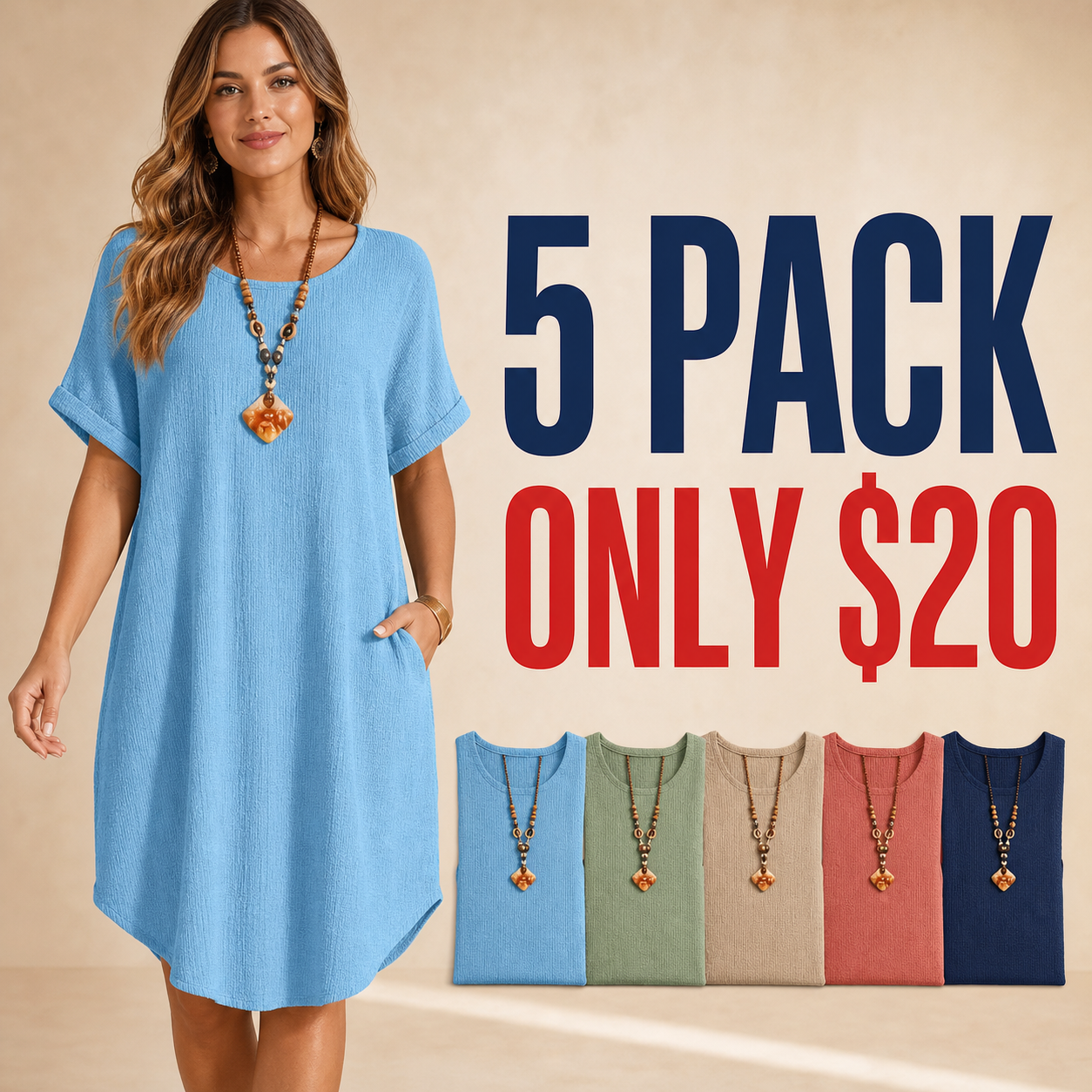 5 pack only 20 dollars women's loose cotton linen shift dress