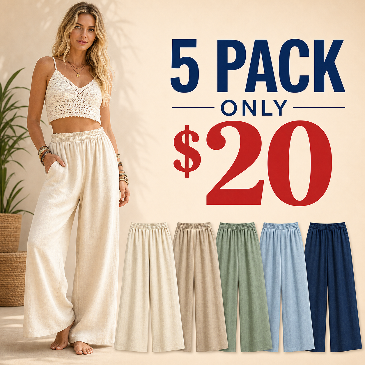 5 pack only 20 dollars women's cotton linen wide leg pants