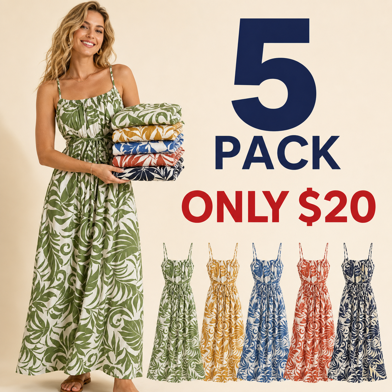 5 pack only 20 dollars women's tropical print cami maxi dress