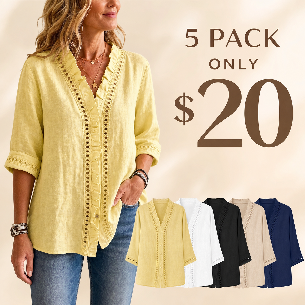 5 pack only 20 dollars women's linen lace ruffle V-neck blouse