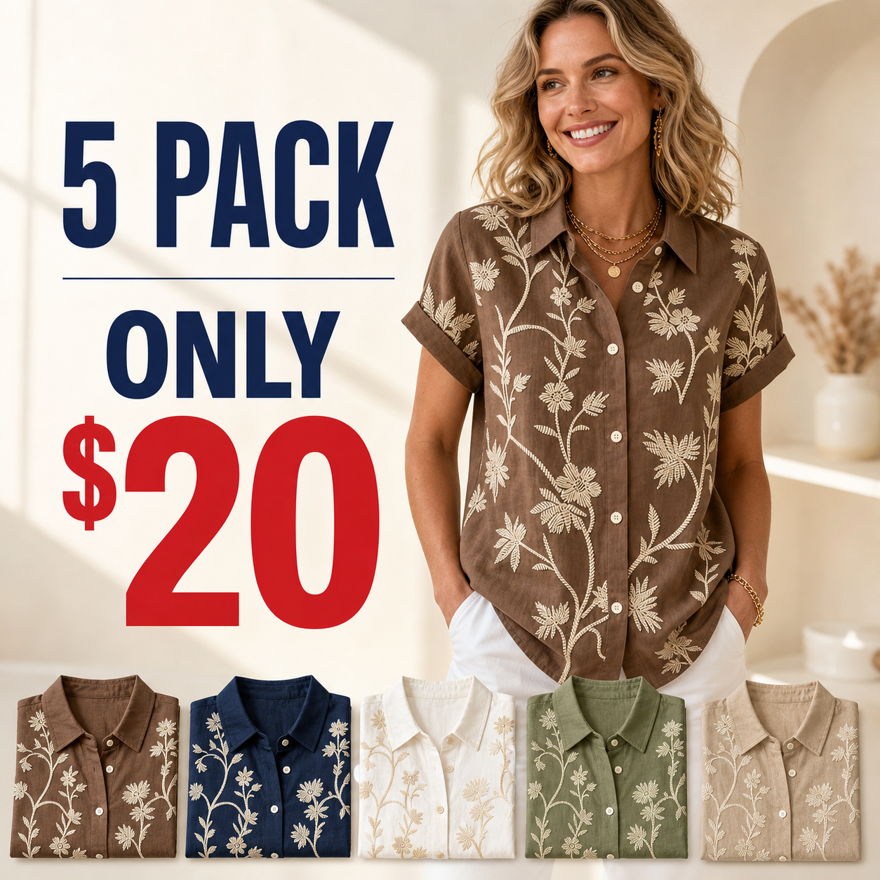 5 pack only 20 dollars women's embroidered floral button shirt
