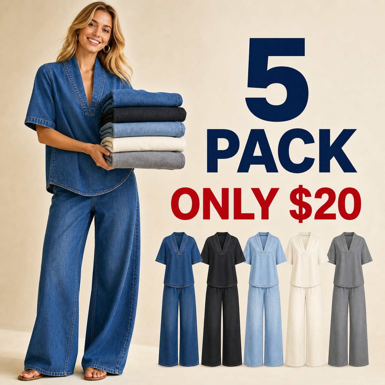5 pack only 20 dollars women's denim V-neck wide-leg two-piece set
