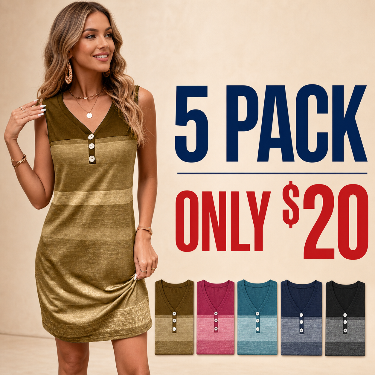 5 pack only 20 dollars women's sleeveless colorblock V-neck button dress