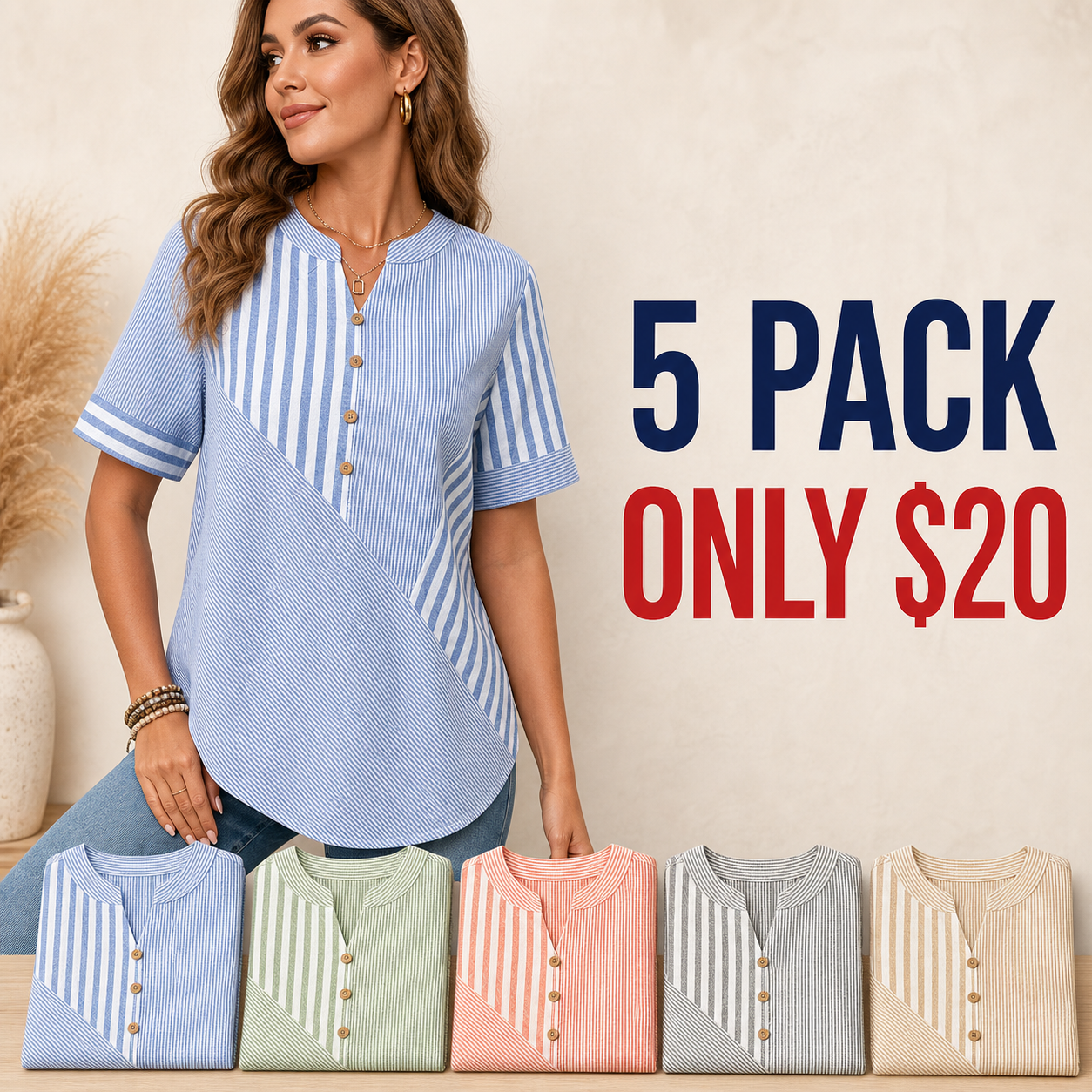5 pack only 20 dollars women's striped patchwork button blouse